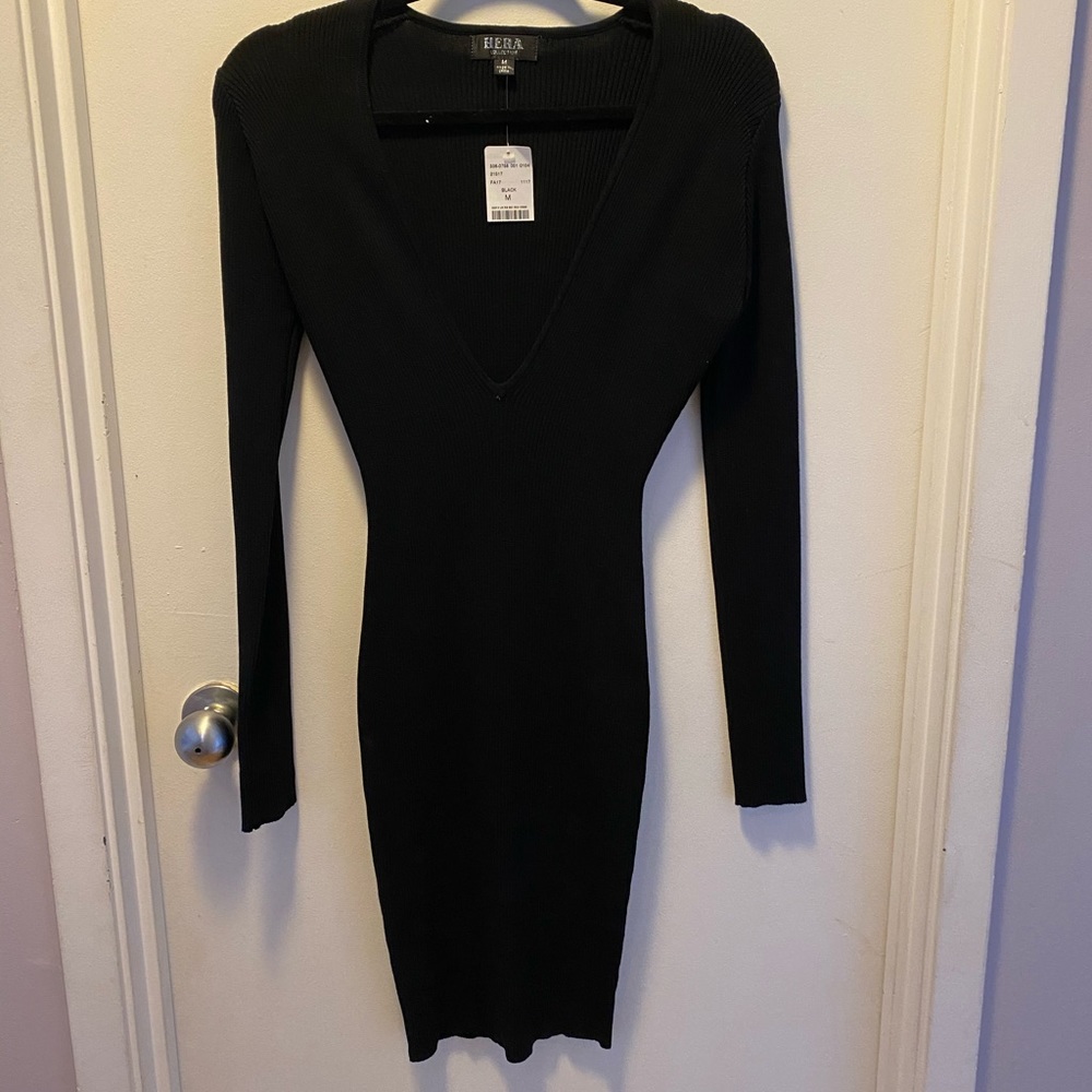 Black, Long Sleeve, Low-Cut Dress, NWT, Size M
